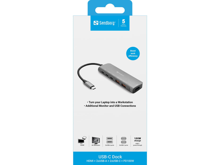 EAN 5705730136658 - Sandberg USB-C Dock HDMI + 2xUSB-A + 2xUSB-C + PD100W Alámbrico USB 3.2 Gen 1 (3.1 Gen 1) Type-C Aluminio imagen 3