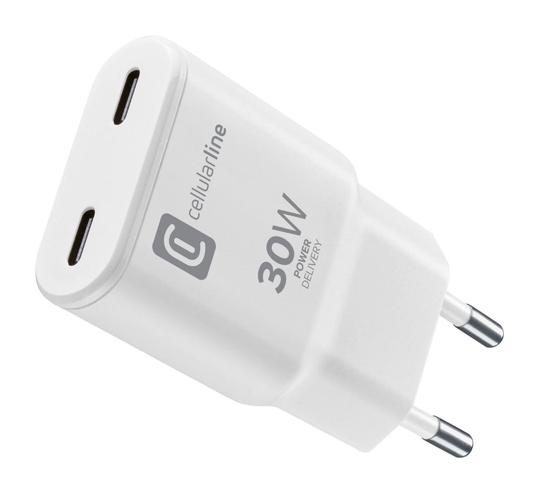EAN 8018080492976 - Cellularline GAN Wall Charger 2xUSB-C 30W PD Universal Blanco Corriente alterna Carga rápida Interior imagen 1