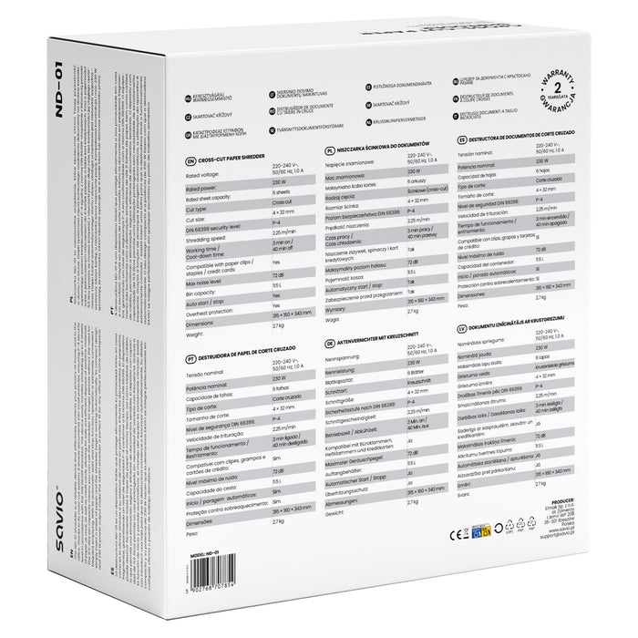 EAN 5902768707854 - Savio ND-01 triturador de papel Corte cruzado 72 dB Negro imagen 6