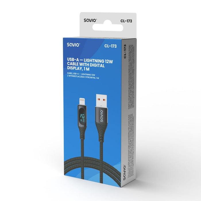 EAN 5901986047797 - Savio USB - Lightning cable with display CL-173 1 m black Negro imagen 3
