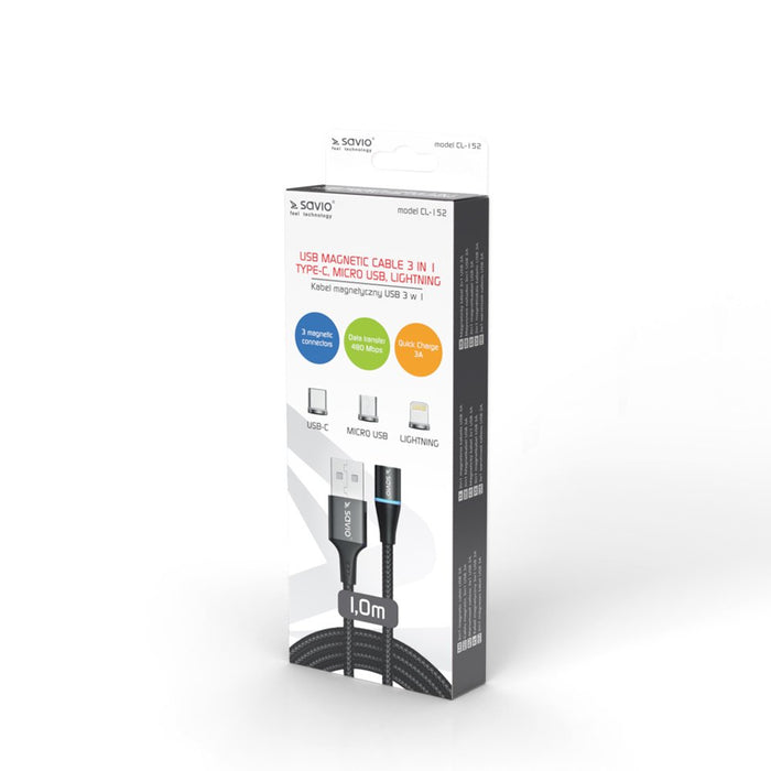 EAN 5901986046707 - Savio CL-152 cable USB USB 2.0 1 m USB A USB C/Micro-USB B/Lightning Negro imagen 2