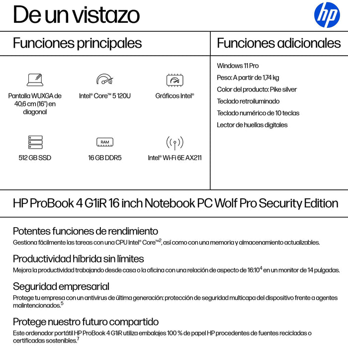 EAN 0199251735257 - HP ProBook 4 G1iR Wolf Pro Security Edition Intel Core 5 120U Portátil 40,6 cm (16") WUXGA 16 GB DDR5-SDR imagen 4