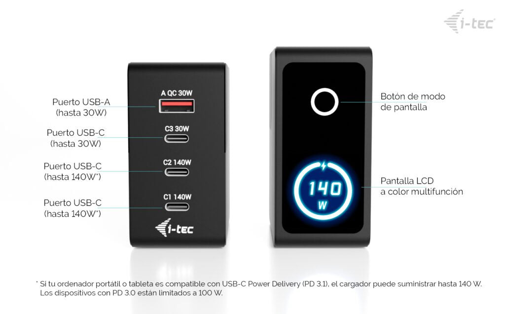 EAN 8595611708015 - i-tec CHARGER-INTG140W cargador de dispositivo móvil Universal Negro Corriente alterna Carga rápida Inter imagen 4