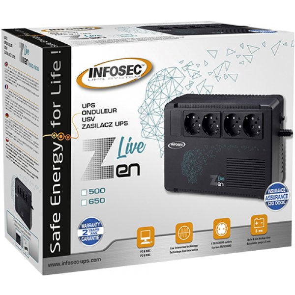 EAN 3700085660829 - Infosec Zen Live 650 sistema de alimentación ininterrumpida (UPS) Línea interactiva 0,65 kVA 390 W 4 sali imagen 4