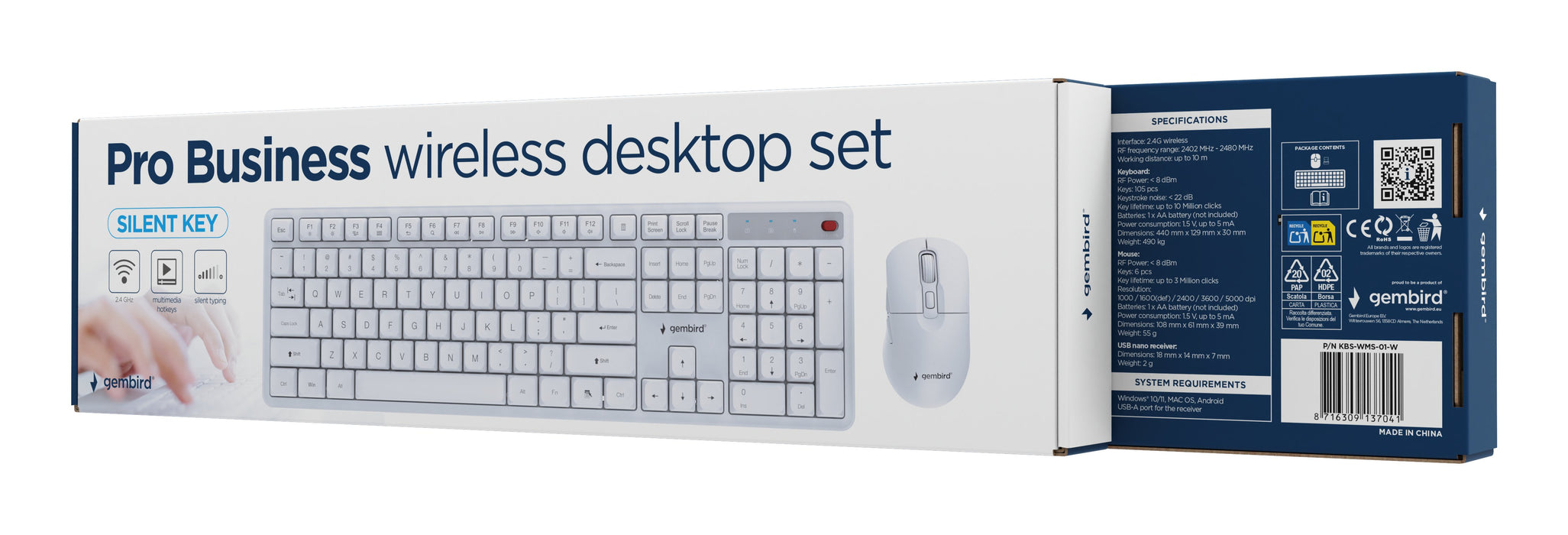 EAN 8716309137041 - Gembird KBS-WMS-01-W teclado Ratón incluido Oficina RF inalámbrico QWERTY Internacional de EE.UU. Blanco imagen 5