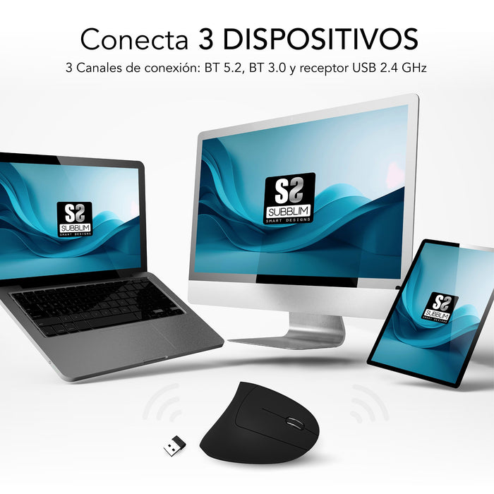 EAN 8436586743055 - SUBBLIM RATON OPTICO DUAL GLIDE VERTICAL ERGO DUAL BATERIA NEGRO ratón Universal mano derecha Bluetooth + imagen 3