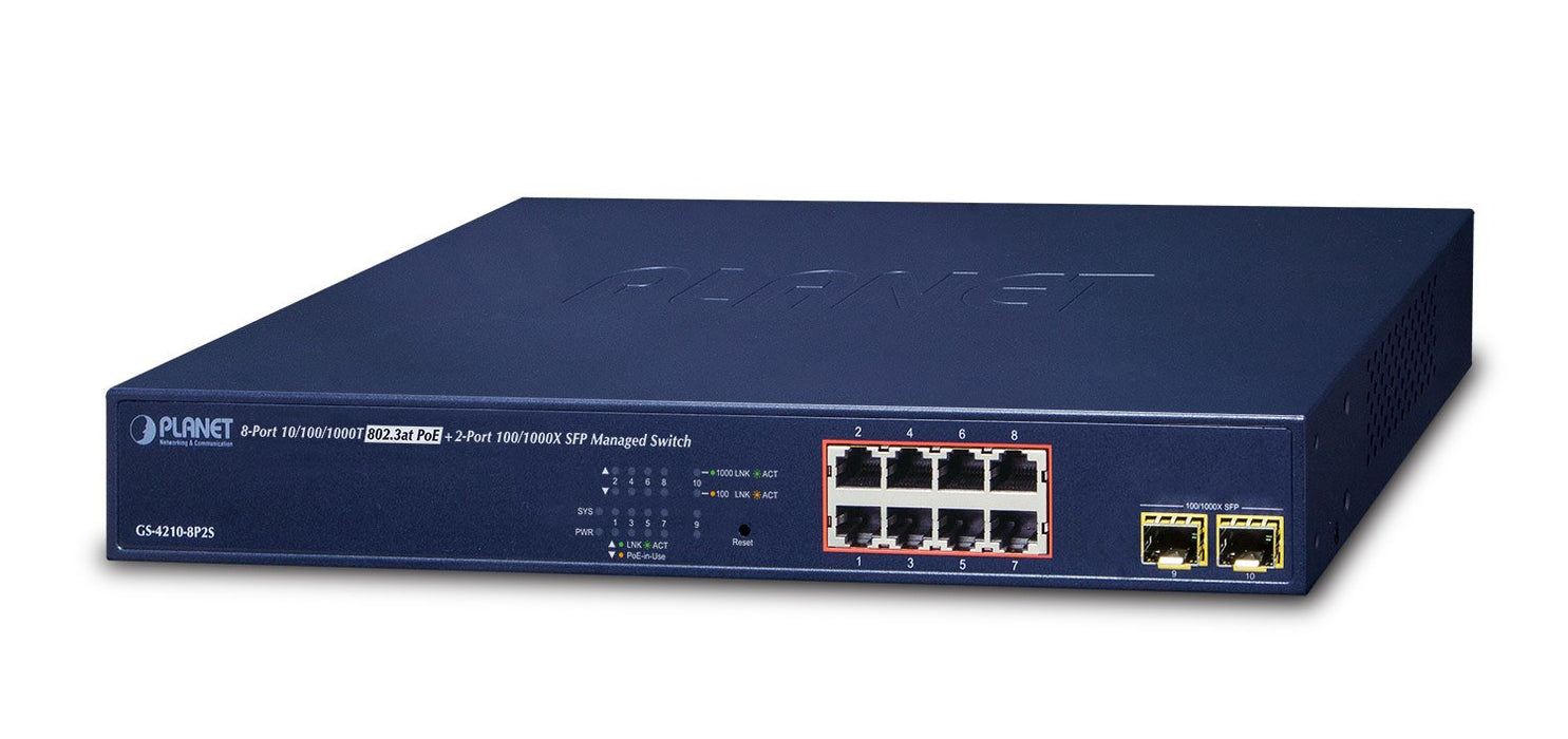 EAN 4711605281140 - PLANET GS-4210-8P2S switch Gestionado Gigabit Ethernet (10/100/1000) Energía sobre Ethernet (PoE) 1U Azul imagen 1