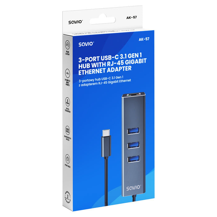 EAN 5901986047766 - Savio AK-57 USB-C - 3 x USB-A HUB with RJ-45 Gigabit Ethernet adapter 5000 Mbit/s grey 2 x USB 3.2 Gen 2  imagen 6