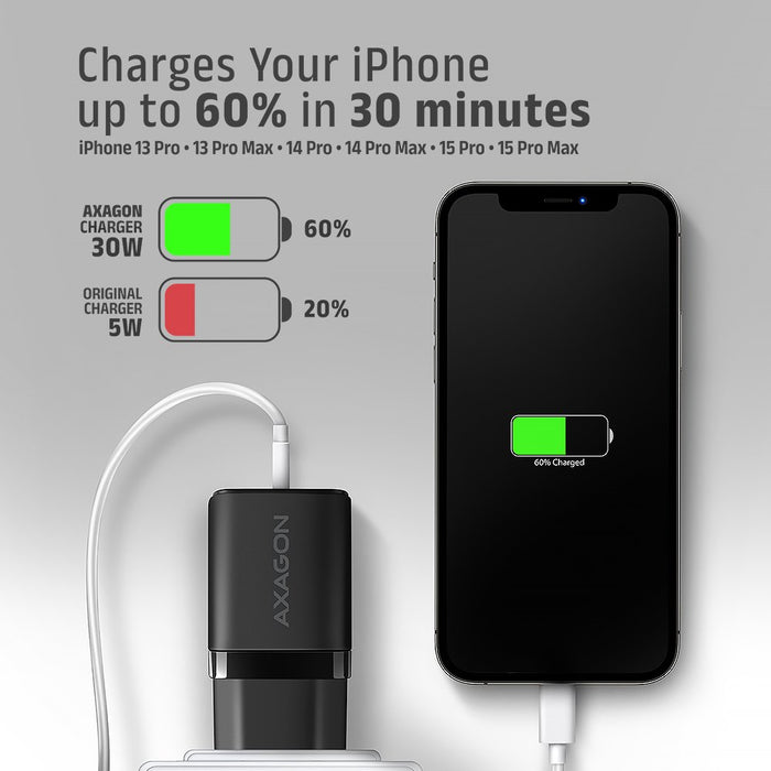 EAN 8595247908315 - Axagon ACU-PD30 kroviklis jungiama tinkl PD 30W, 1x port USB-C, PD3.0/QC3.0/AFC/FCP/Apple Juoda Teléfono  imagen 6