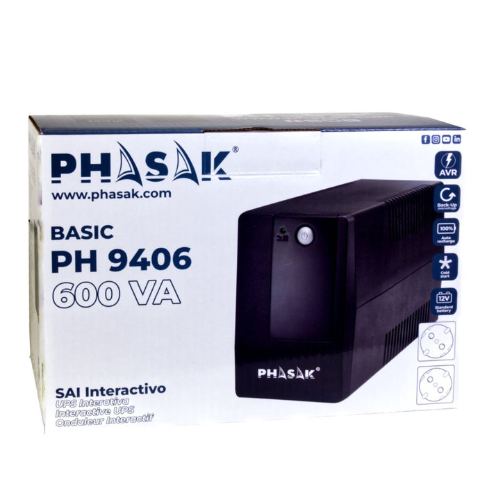 EAN 5605922010448 - Phasak Basic sistema de alimentación ininterrumpida (UPS) Línea interactiva 0,6 kVA 360 W 2 salidas AC imagen 5