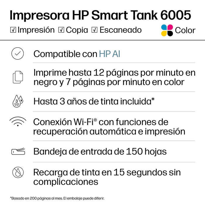 EAN 0196068257002 - HP Smart Tank 6005 All in One Printer Inyección de tinta térmica A4 4800 x 1200 DPI 12 ppm Wifi imagen 11