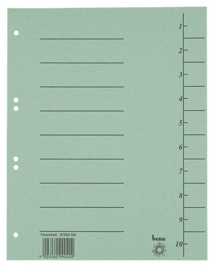 EAN 9003260990471 - Bene 97300GN lengüeta de índice Separador numérico con pestaña Caja de cartón Verde imagen 1