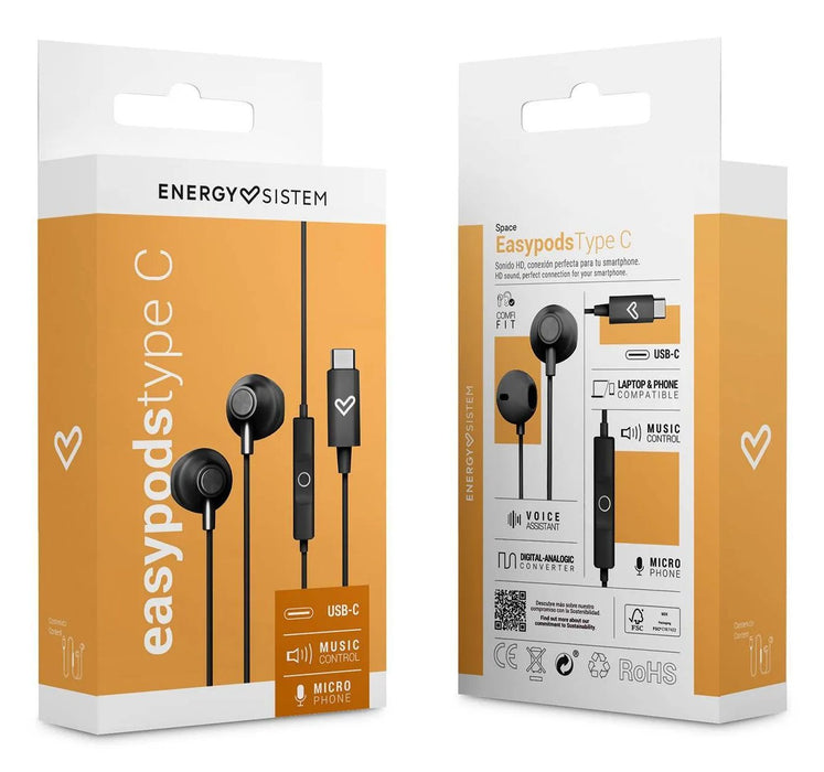 EAN 8432426459513 - Energy Sistem EasyPods Auriculares Alámbrico Dentro de oído Llamadas/Música USB Tipo C Negro imagen 7