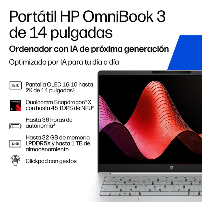 EAN 821844595763 - HP OmniBook 3 Laptop Next Gen AI 14-hz0005nsx Copilot+ PC Snapdragon X1-26-100 Portátil 35,6 cm (14") 2K 1 imagen 2