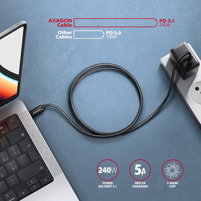 EAN 8595247907431 - Axagon BUCM2-CM30AB Ladekabel USB-C zu USB-C 2.0, 3 m, PD 240 W 5 A, ALU - Schwarz - 3 Meter langes USB-C imagen 4