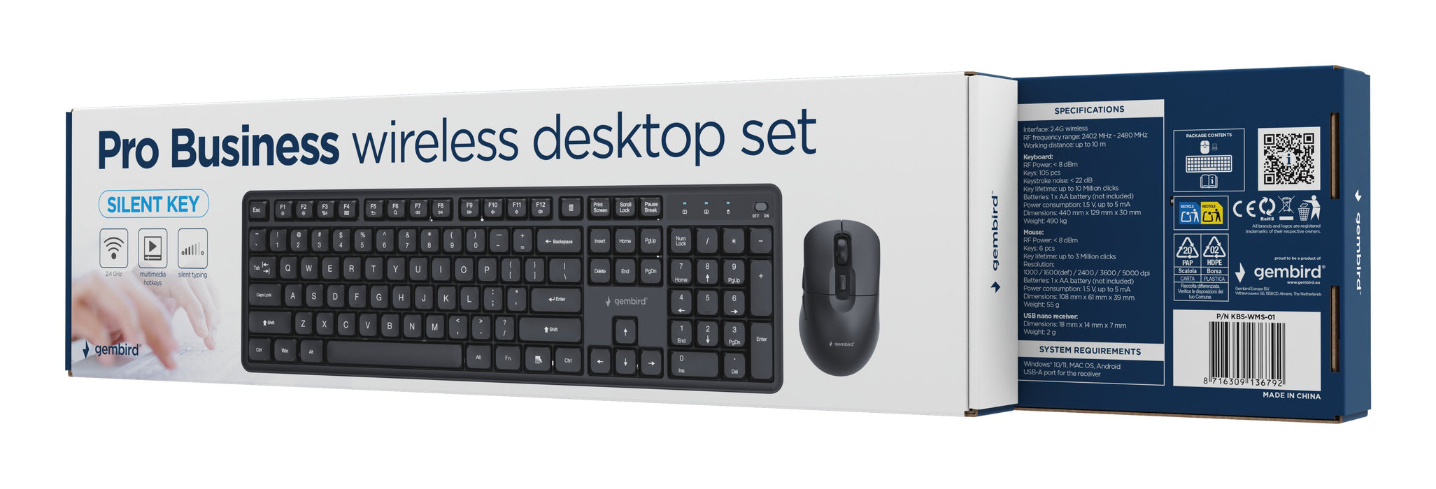 EAN 8716309136792 - Gembird KBS-WMS-01 teclado Ratón incluido Oficina RF inalámbrico QWERTY Internacional de EE.UU. Negro imagen 5