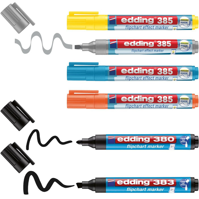 EAN 4004764986750 - Edding 385 Flipchart marcador 6 pieza(s) Brush/Bullet tip Negro, Azul, Plata, Amarillo imagen 1