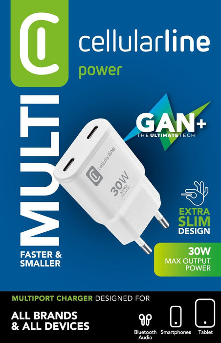 EAN 8018080492976 - Cellularline GAN Wall Charger 2xUSB-C 30W PD Universal Blanco Corriente alterna Carga rápida Interior imagen 2