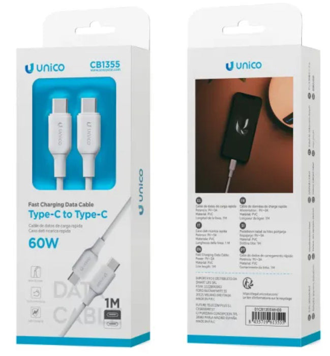 EAN 8435719613555 - UNICO CB1355 cable USB 1 m USB C Blanco imagen 2