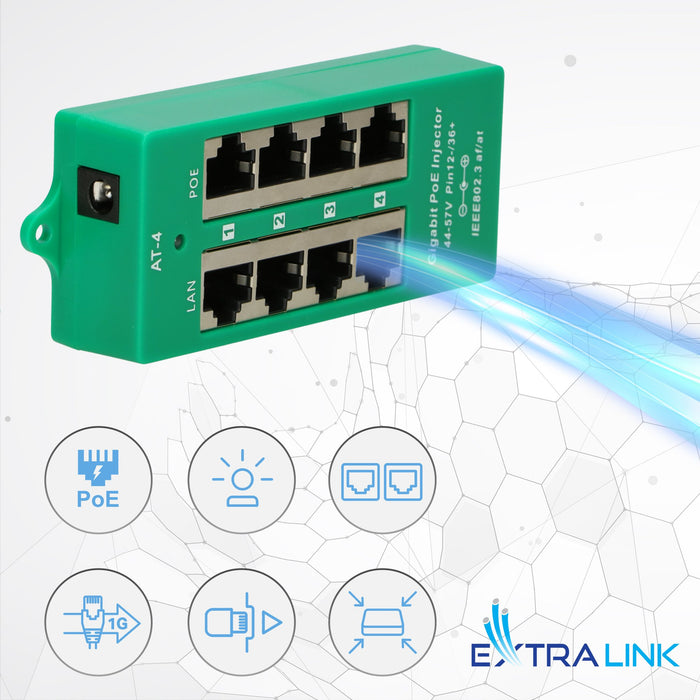 EAN 5903148912554 - Extralink ACTIVE POE INJECTOR 4 PORT GIGABIT 802.3AT/AF MODE A - 1 Gbps - 4-Port Gigabit Ethernet 48 V imagen 15
