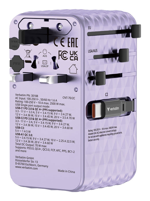 EAN 23942301882 - Verbatim Charge 'n' Travel 70W Universal Púrpura Corriente alterna Carga rápida Interior imagen 5