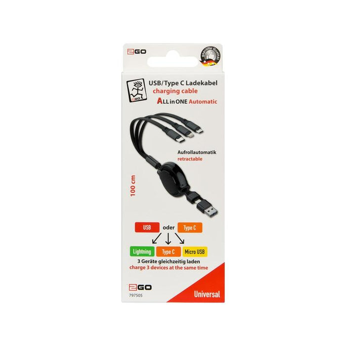 2go Ladecable 5in1 Allinone Usb-A Usb-C Aufrollautomatik 1m