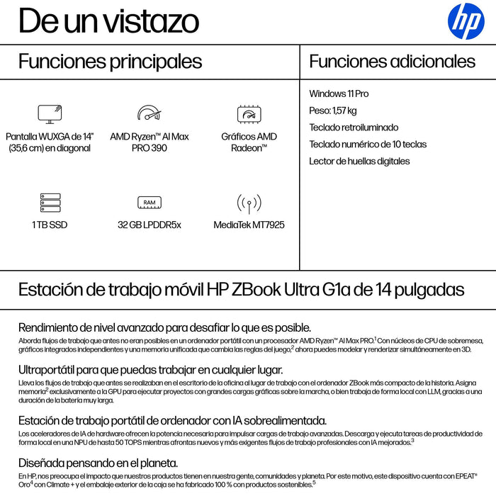 EAN 0199251039232 - HP ZBook Ultra G1a Copilot+ PC AMD Ryzen AI Max PRO 390 Estación de trabajo móvil 35,6 cm (14") WUXGA 32  imagen 4