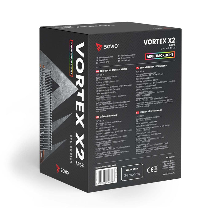 EAN 5901986048787 - Savio SAVGCOVORTEXX2ARGB sistema de refrigeración para ordenador Conjunto de chips Refrigerador de aire 1 imagen 13
