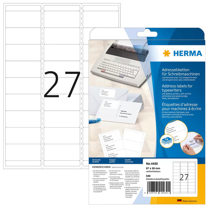 EAN 4008705044301 - HERMA 4430 etiqueta para dirección Blanco imagen 1