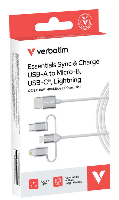 EAN 23942323945 - Verbatim 32394 cable USB USB 2.0 1 m USB A 2 x USB C/Micro USB-B/Lightning 0,48 Gbit/s 18 W Blanco imagen 3