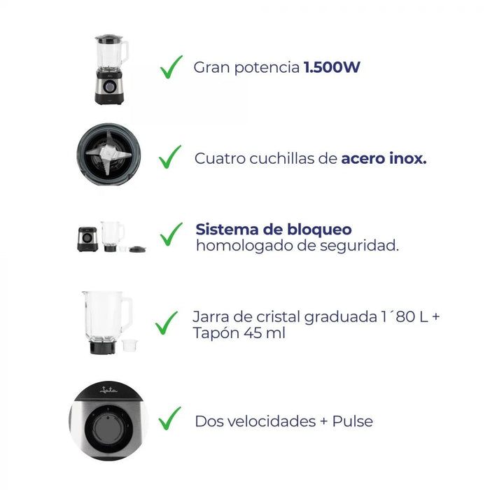EAN 8421078039587 - JATA JEBT3855 licuadora 1,8 L Batidora de vaso 1500 W Negro, Acero inoxidable, Transparente imagen 6