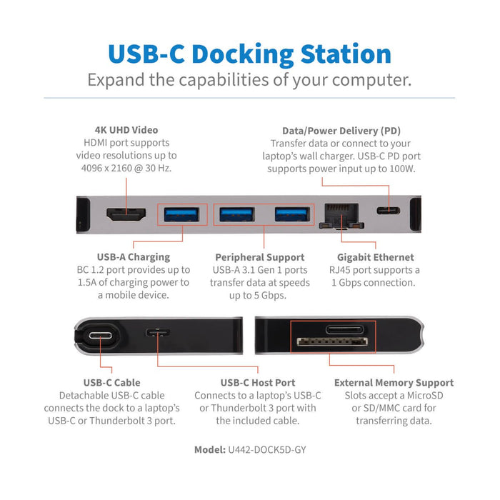EAN 37332241023 - Tripp Lite U442-DOCK5D-GY base para portátil y replicador de puertos Alámbrico USB 3.2 Gen 1 (3.1 Gen 1) Ty imagen 4