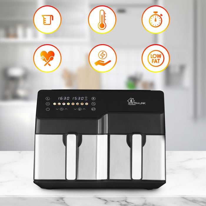 EAN 5906168638671 - Extralink HOME AIR FRYER 10L (6L+4L) EU SJ-1000 2500W freidora Doble Freidora de aire caliente Negro imagen 9
