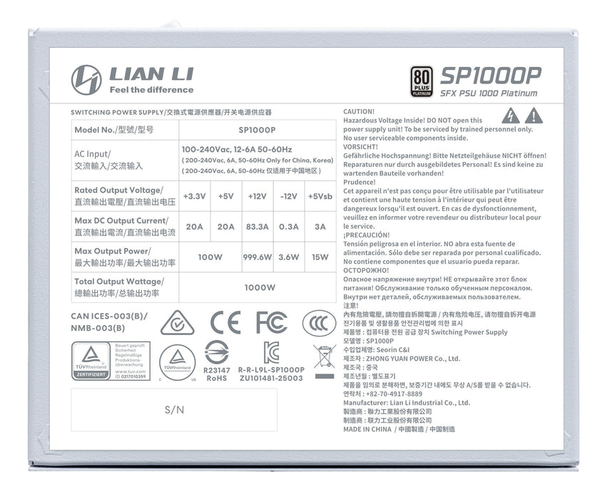 EAN 4718466020192 - Lian Li SP1000P unidad de fuente de alimentación 1000 W 24-pin ATX SFX Blanco imagen 7