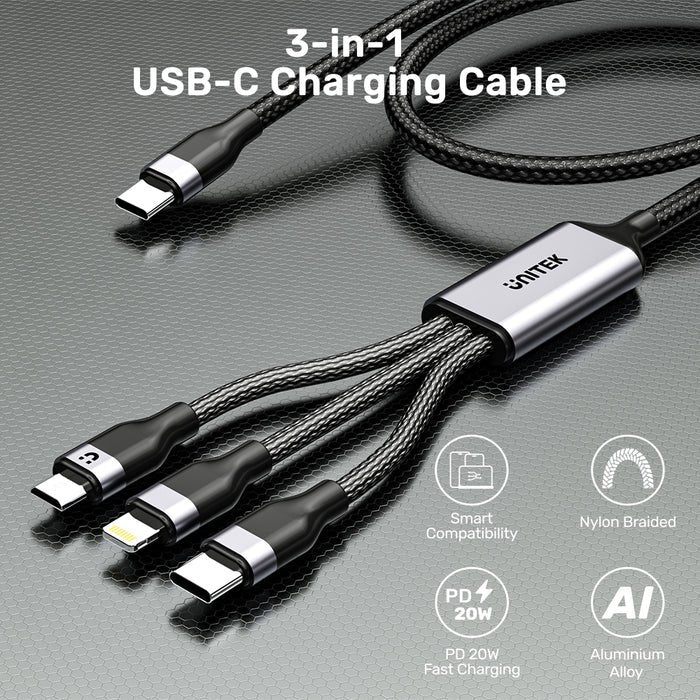 EAN 4894160057303 - UNITEK 3-in-1 USB-C to cable USB USB 2.0 1,5 m USB C USB C/Micro-USB B/Lightning 0,48 Gbit/s 20 W Negro imagen 3