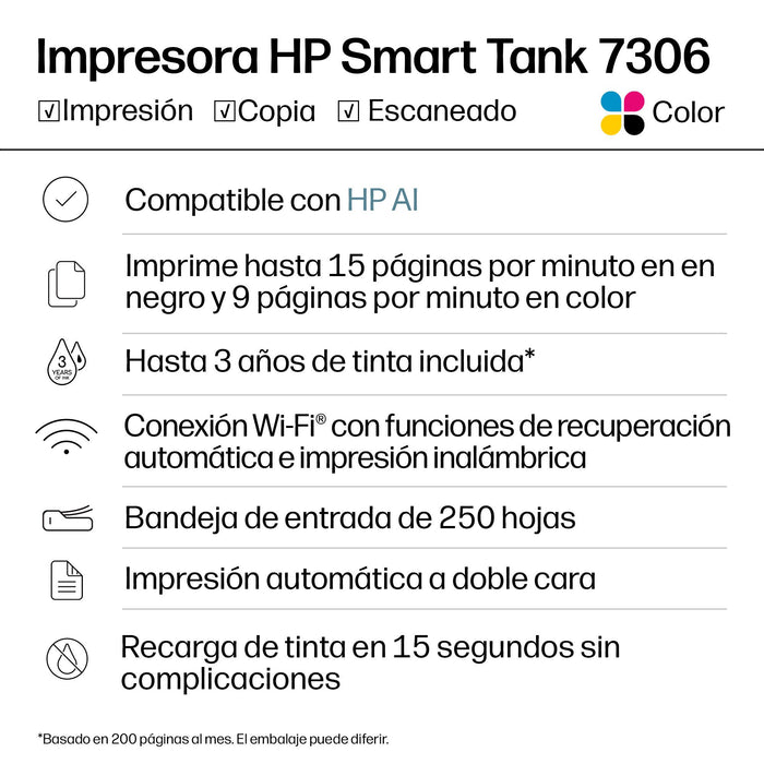 EAN 0195908302520 - HP Smart Tank 7306 All-in-One Printer Inyección de tinta térmica A4 4800 x 1200 DPI 15 ppm Wifi imagen 15
