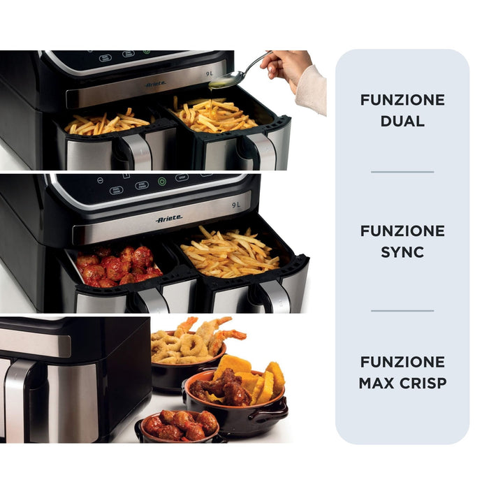 EAN 8003705121386 - Ariete 4625/00 Doble 9 L Independiente 2100 W Freidora de aire caliente Negro, Acero inoxidable imagen 5