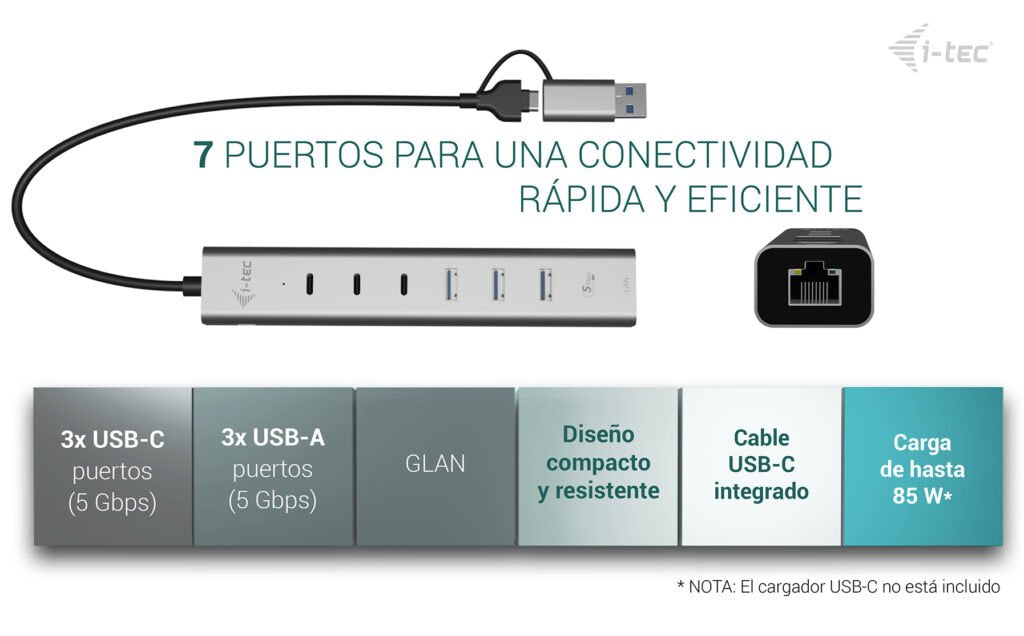 EAN 8595611707988 - i-tec CAHUBMETAL6LANPD hub de interfaz USB 3.2 Gen 1 (3.1 Gen 1) Type-A + Type-C 5000 Mbit/s Plata imagen 10