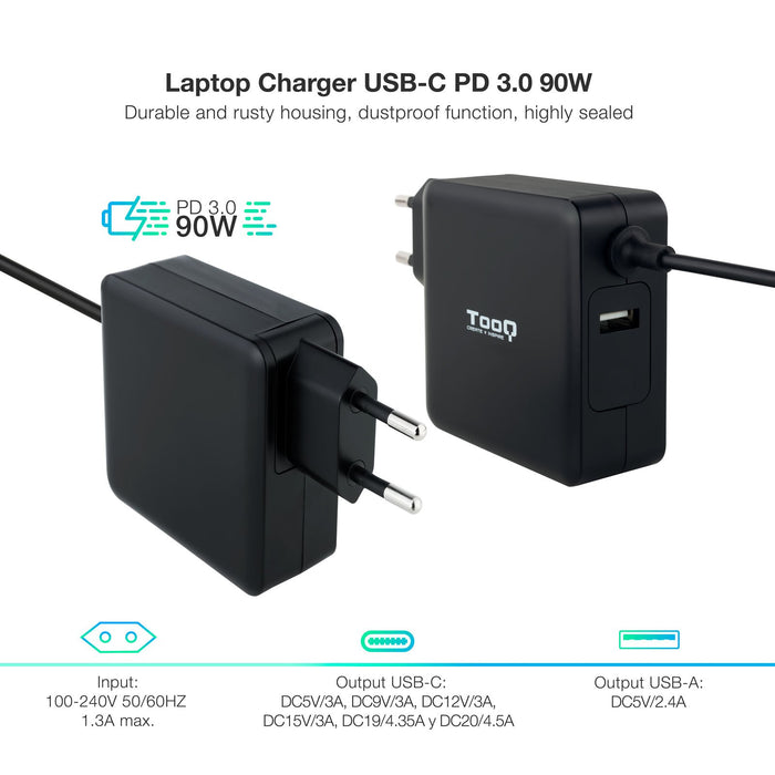 EAN 8433281011991 - TooQ TQLC-USBC90PD adaptador e inversor de corriente Auto 90 W Negro imagen 2