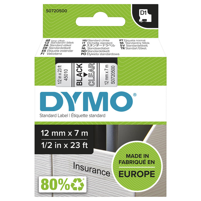 EAN 5411313450102 - DYMO D1 Standard - Black on Transparent - 12mm cinta para impresora de etiquetas Negro sobre transparente imagen 1
