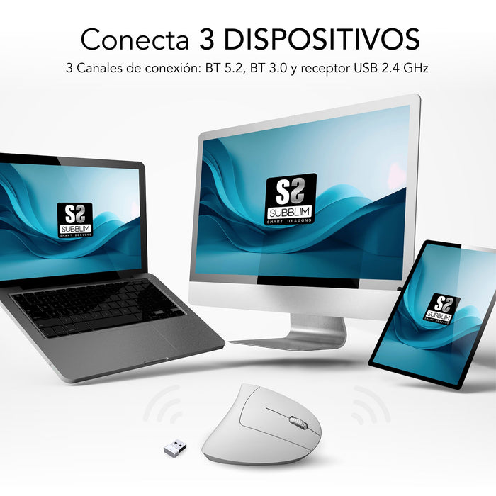 EAN 8436586743062 - SUBBLIM RATON OPTICO DUAL GLIDE VERTICAL ERGO DUAL BATERIA BLANCO ratón Universal mano derecha Bluetooth  imagen 3