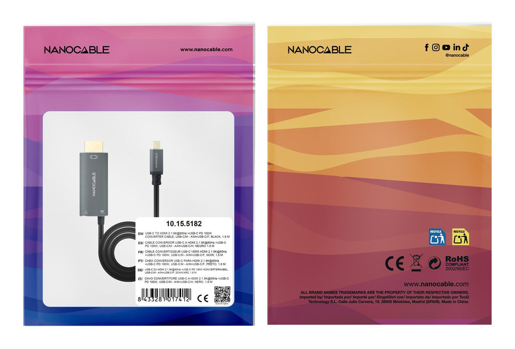EAN 8433281017412 - Nanocable 10.15.5182 adaptador de cable de vídeo 1,8 m USB Tipo C HDMI + USB Type-C Negro imagen 4