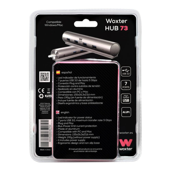 EAN 8435089026702 - Woxter Hub 73 USB 3.2 Gen 1 (3.1 Gen 1) Type-A 5000 Mbit/s Plata imagen 8