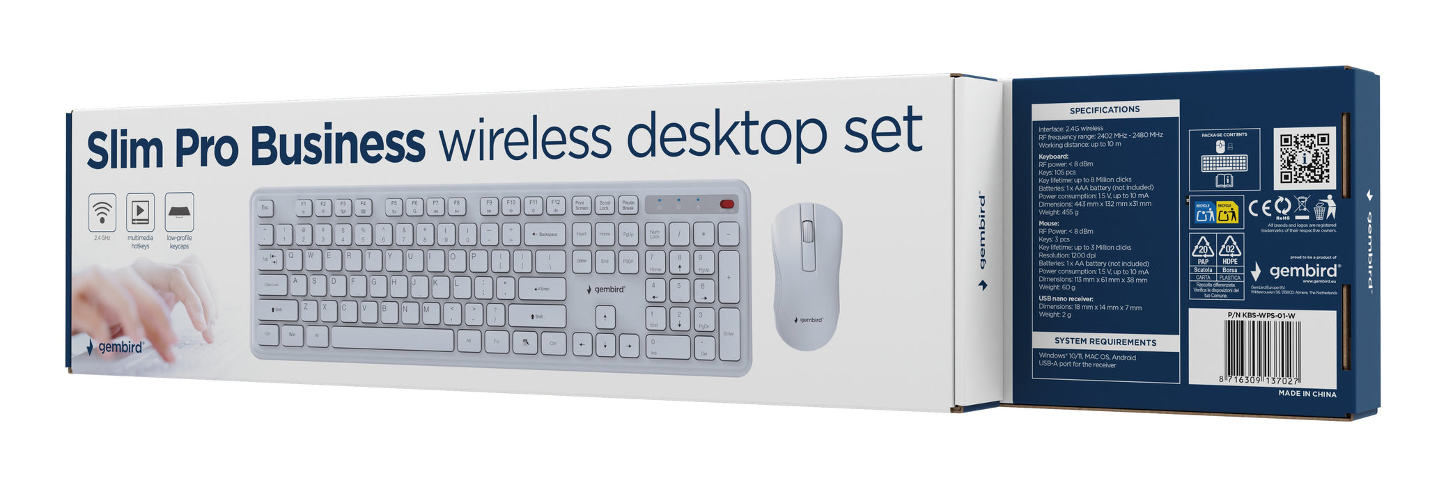 EAN 8716309137027 - Gembird KBS-WPS-01-W teclado Ratón incluido Oficina RF inalámbrico QWERTY Internacional de EE.UU. Blanco imagen 6