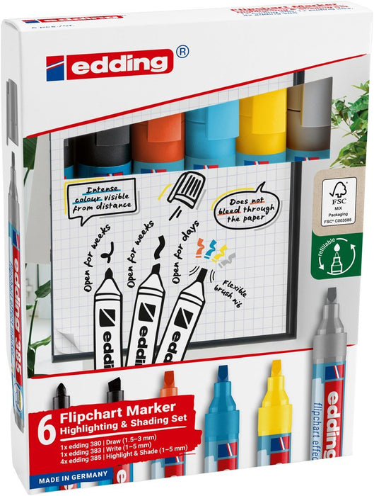 EAN 4004764986743 - Edding 385 Flipchart marcador 4 pieza(s) Brush/Bullet tip Negro, Plata, Amarillo imagen 2