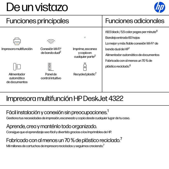 EAN 0198828789709 - HP DeskJet 4322 Inyección de tinta térmica A4 4800 x 1200 DPI 8,5 ppm Wifi imagen 3