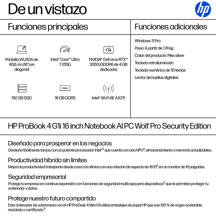 EAN 0199764324733 - HP ProBook 4 G1i AI PC Wolf Pro Security Edition Intel Core Ultra 7 255U Portátil 40,6 cm (16") WUXGA 16  imagen 4