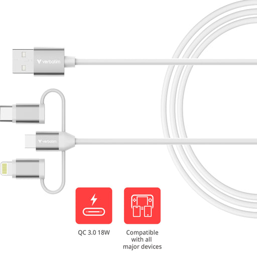 EAN 23942323945 - Verbatim 32394 cable USB USB 2.0 1 m USB A 2 x USB C/Micro USB-B/Lightning 0,48 Gbit/s 18 W Blanco imagen 2
