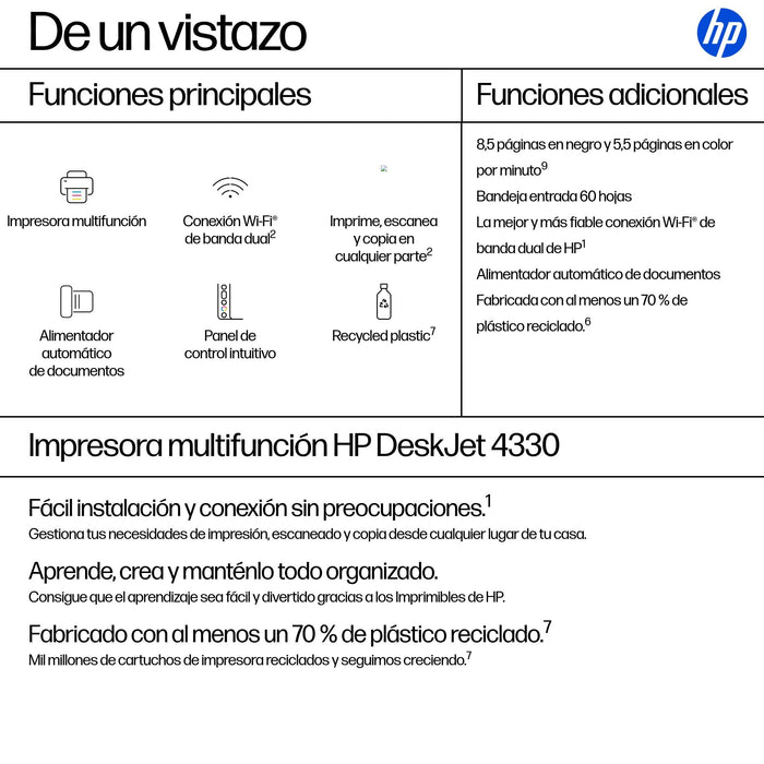 EAN 198828789877 - HP DeskJet 4330 Inyección de tinta térmica A4 4800 x 1200 DPI 8,5 ppm Wifi imagen 3