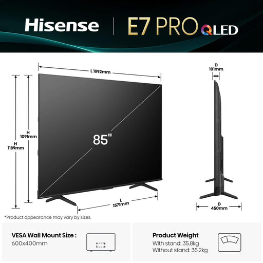 EAN 6942351416953 - Hisense 85E7Q PRO 2,16 m (85") 4K Ultra HD Smart TV Wifi Negro imagen 2